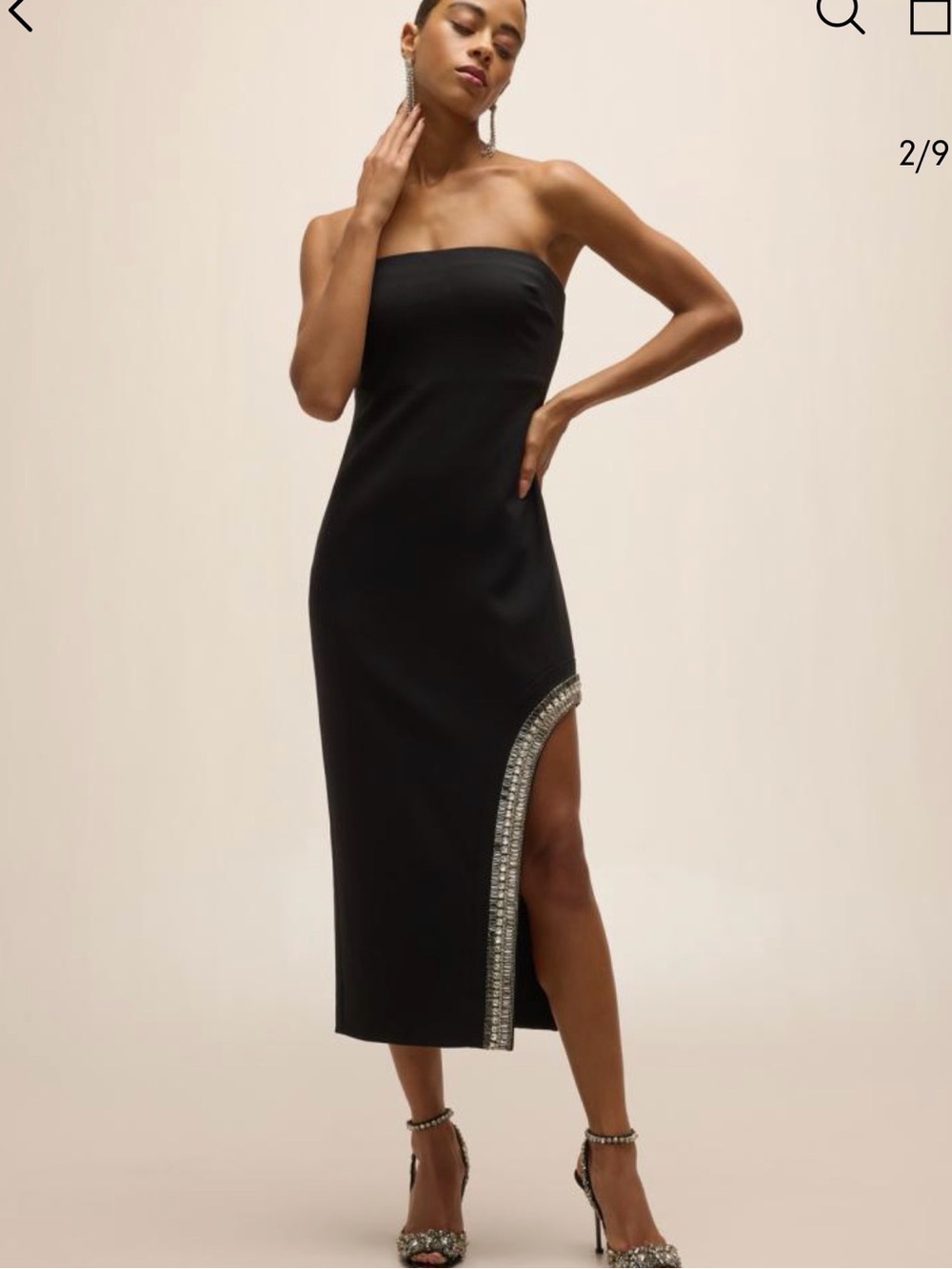 Strapless Black Midi Dress with Embellished Side Slit